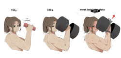 Rule 34 | 1girl, abs, absurdres, biceps, blush, breasts, brown eyes, brown hair, chain, dumbbell, english text, exercising, eyes visible through hair, geumgang (odd snail), highres, muscular, muscular female, nude, oddsnail, original, ponytail, short hair, simple background, sweat, white background