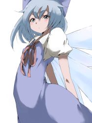 Rule 34 | 1girl, :o, arms behind back, blue dress, blue eyes, blue hair, blush, bow, cirno, dress, embodiment of scarlet devil, female focus, hair bow, matching hair/eyes, neck ribbon, ribbon, simple background, solo, touhou, wings