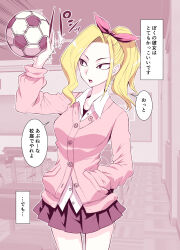 Rule 34 | absurdres, ball, black eyes, blonde hair, breasts, cardigan, catching, classroom, collared shirt, commentary, cowboy shot, forehead, hair ribbon, highres, indoors, looking to the side, medium breasts, miniskirt, open mouth, original, pink cardigan, pink ribbon, pink skirt, pleated skirt, ponytail, ribbon, shirt, sidelocks, skirt, soccer ball, swept bangs, tatsubon, translation request, tsurime, white shirt