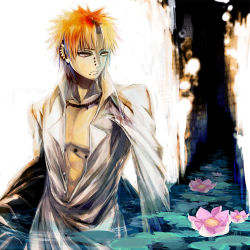 Rule 34 | 1boy, flower, highres, jewelry, lily pad, male focus, naruto (series), naruto shippuuden, nature, necklace, open clothes, open shirt, orange hair, pain (naruto), pectorals, piercing, shirt, solo, tokidoki tidori, water