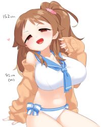 Rule 34 | 1girl, alternate costume, arm support, blush, breasts, brown cardigan, brown hair, cardigan, cleavage, collarbone, fingernails, heart, height, highres, huge breasts, idolmaster, idolmaster cinderella girls, katagiri sanae, looking at viewer, measurements, nail polish, navel, one side up, open cardigan, open clothes, pedocchi, sailor bikini, sailor collar, sailor swimsuit (idolmaster), sitting, smile, solo, stomach