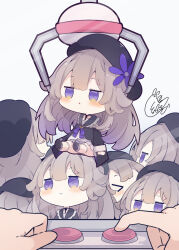 Rule 34 | 1other, 6+girls, :&lt;, beni shake, beret, black dress, black footwear, black headwear, blush, brown hair, closed mouth, collarbone, commentary request, crane game, doll joints, dress, flower, grey background, hat, hat flower, herta (honkai: star rail), highres, honkai: star rail, honkai (series), joints, key, keyhole, long sleeves, mini person, minigirl, multiple girls, puffy long sleeves, puffy sleeves, purple eyes, purple flower, shoe soles, shoes, signature, simple background, smile, triangle mouth
