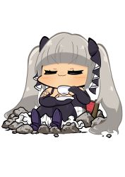 Rule 34 | 1girl, :3, absurdres, azur lane, bare shoulders, black dress, black gloves, blunt bangs, blush stickers, chair, chibi, closed eyes, closed mouth, commentary request, cup, daigorou (42036928), dress, elbow gloves, fat joke, formidable (azur lane), frilled dress, frills, full body, gloves, grey hair, hair ribbon, heavy, high heels, highres, holding, holding cup, holding plate, long dress, long hair, partially fingerless gloves, plate, ribbon, rubble, sidelocks, simple background, sitting, sleeveless, sleeveless dress, smile, smug, solo, twintails, two-tone dress, two-tone ribbon, very long hair, white background