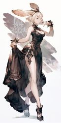 Rule 34 | 1girl, animal ears, black dress, blunt bangs, breasts, cleavage, clothes lift, dress, dress lift, final fantasy, final fantasy xiv, high heels, highres, junwool, large breasts, looking at viewer, nail polish, nier:automata, nier (series), pale skin, profile, rabbit ears, red eyes, short hair, side slit, sleeveless, smile, solo, viera, warrior of light (ff14), white background, white hair, wrist cuffs