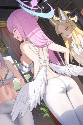 Rule 34 | 2girls, absurdres, angel wings, animal ears, back, black scrunchie, blonde hair, blue archive, bra, breasts, cleavage, closed eyes, clothes hanger, collarbone, commentary, day, feathered wings, flat chest, flower, forehead, fox ears, from behind, hair flower, hair ornament, hair ribbon, halo, hanging light, head wreath, highres, indoors, lace, lace-trimmed bra, lace trim, large breasts, long hair, low wings, mika (blue archive), mirror, multiple girls, navel, open mouth, orange eyes, panties, pantyhose, pink hair, pink halo, plant, puckjjick (belbesi19), purple flower, reflection, ribbon, scrunchie, seia (blue archive), smile, standing, stomach, teeth, thighs, underwear, white bra, white flower, white panties, white pantyhose, white ribbon, white wings, window, wings, wrist scrunchie, yellow halo