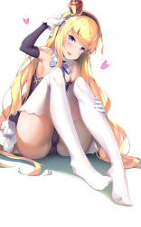 Rule 34 | 1girl, ass, azur lane, black hairband, blonde hair, blue bow, blue dress, blue eyes, blunt bangs, blush, bow, crown, detached collar, detached sleeves, dress, elbow gloves, fang, gloves, hairband, heart, heart-shaped pupils, highres, knees up, long hair, looking at viewer, mini crown, open mouth, queen elizabeth (azur lane), shiny skin, shuffle (songdatiankong), sitting, strapless, strapless dress, sweatdrop, symbol-shaped pupils, thighhighs, very long hair, wavy hair, white background, white gloves, white thighhighs