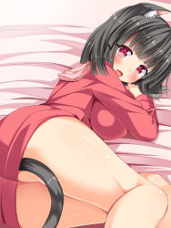 Rule 34 | 1girl, animal ears, asa no ha (awayuki), ass, bare legs, black hair, blush, breasts, cat ears, cat tail, large breasts, lying, on side, original, red eyes, solo, tail