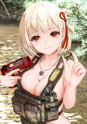 Rule 34 | 1girl, blonde hair, breasts, bullet, cleavage, clogs, dot nose, gibun (sozoshu), gun, hair ribbon, handgun, highres, holding, holding bullet, holding gun, holding weapon, jewelry, large breasts, looking at viewer, lycoris recoil, magazine (weapon), military, nishikigi chisato, one side up, pendant, red eyes, resolution mismatch, ribbon, short hair, smile, solo, source larger, trigger discipline, upper body, vest, weapon