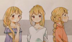 Rule 34 | 1girl, bare shoulders, blonde hair, blush, braid, brown eyes, commentary request, dress, expressionless, from side, futaba anzu, hair over shoulder, hair rings, highres, idolmaster, idolmaster cinderella girls, light smile, long hair, looking at viewer, multiple views, pink sweater, ponytail, profile, purple dress, shirt, sks (s3 rosquilla), straight-on, sweater, traditional media, upper body, white shirt