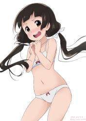 Rule 34 | 10s, 1girl, amayadori machi, artist name, black hair, blush, bow, bow bra, bow panties, bra, breasts, brown eyes, child, commentary request, cowboy shot, dated, embarrassed, hair bow, highres, kumamiko, looking at viewer, neki (wakiko), own hands together, panties, simple background, small breasts, solo, training bra, twintails, twitter username, underwear, underwear only, white background, white bra, white panties