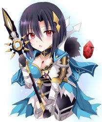Rule 34 | 1girl, asymmetrical clothes, black hair, breasts, capelet, cleavage, cleavage cutout, clothing cutout, fire emblem, fire emblem engage, fur trim, hair ornament, highres, holding, holding weapon, jewelry, kirishima riona, medium breasts, necklace, nel (fire emblem), nintendo, open mouth, red eyes, short hair, solo, weapon, white background