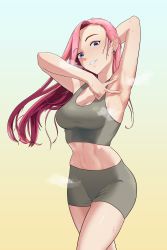 Rule 34 | 1girl, absurdres, armpits, blue eyes, highres, long hair, looking at viewer, open mouth, original, pink hair, solo, sports bra, spread armpit, standing, sweat, user zxjk2332, v
