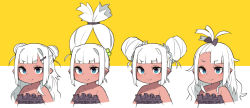 Rule 34 | 1girl, asymmetrical bangs, bangs pinned back, blue eyes, blunt bangs, bow, closed mouth, collarbone, commentary request, cropped arms, cropped torso, dark skin, double bun, frills, grey bow, hair bobbles, hair bow, hair bun, hair ornament, hair scrunchie, hair tie, hairclip, hairstyle request, half updo, highres, kometsubu, long hair, original, pointy ears, recurring image, scrunchie, smile, split mouth, twintails, upper body, v-shaped eyebrows, variations, white background, white hair, white scrunchie, yellow background