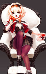 Rule 34 | 1girl, anocco, bad id, bad nicoseiga id, black footwear, blonde hair, brown eyes, capelet, chair, cup, grey background, hairband, highres, holding, jewelry, juice, mug, open mouth, original, pantyhose, purple pantyhose, ring, saucer, shoes, short hair, simple background, sitting, skirt, solo, tomato, tomato juice