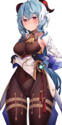 Rule 34 | 1girl, ahoge, bare shoulders, bell, black gloves, blue hair, breasts, brown leotard, brown pantyhose, clothes lift, covered navel, cowbell, cowboy shot, detached sleeves, ganyu (genshin impact), genshin impact, gloves, goat horns, gold trim, groin, highleg, highleg leotard, highres, horns, leotard, lifted by self, long hair, long sleeves, looking at viewer, medium breasts, pantyhose, parted lips, red eyes, reel (riru), simple background, solo, standing, very long hair, waist cape, white background
