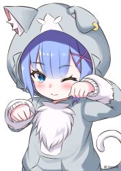 1girl alternate_costume animal_ear_piercing animal_ears animal_hood artist_name blue_eyes blue_hair blunt_bangs blush cat_ears cat_hood cat_tail closed_mouth commentary_request cosplay ear_piercing earrings fake_animal_ears fake_tail grey_hoodie hair_ornament hood hood_up hoodie jewelry looking_at_viewer one_eye_closed paw_pose piercing puck_(re:zero) puck_(re:zero)_(cosplay) re:zero_kara_hajimeru_isekai_seikatsu rem_(re:zero) s_(hdru2332) short_hair single_earring solo tail upper_body white_background x_hair_ornament