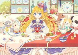 Rule 34 | :q, banner, blonde hair, blue eyes, bottle, bow, butter knife, cake, candy, crown, cup, doughnut, dress, eating, flower, food, fork, fruit, fruit tart, gem, hair bow, half updo, holding, holding fork, holding knife, knife, long hair, long sleeves, looking at viewer, mig (36th underground), mini crown, original, parfait, plate, ribbon, sailor dress, silverware, sitting, solo, stuffed animal, stuffed rabbit, stuffed deer, stuffed dog, stuffed panda, stuffed penguin, stuffed pig, stuffed toy, table, tablecloth, tart (food), teacup, teapot, teddy bear, throne, tongue, tongue out, toy