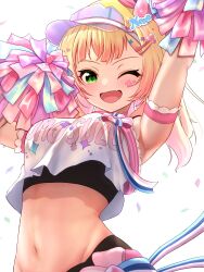 Rule 34 | 1girl, ;d, absurdres, arm up, armpits, blonde hair, cheerleader, confetti, crop top, green eyes, groin, highres, hololive, looking at viewer, marishia holo, midriff, momosuzu nene, momosuzu nene (cheerleader), navel, one eye closed, open mouth, pom pom (cheerleading), simple background, smile, solo, upper body, virtual youtuber, visor cap, white background