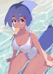 Rule 34 | 1girl, absurdres, azuumori, bare legs, barefoot, blue hair, breasts, cleavage, fins, fish tail, food, hair between eyes, hair ornament, hairclip, highres, knees out of frame, large breasts, looking at viewer, mako (azuumori), mouth hold, one-piece swimsuit, original, pink eyes, popsicle, shark fin, shark girl, shark tail, sharp teeth, solo, swimsuit, tail, teeth, wet, white one-piece swimsuit