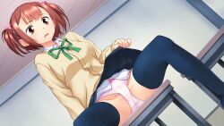 Rule 34 | 1girl, arms at sides, blush, breasts, brown hair, chair, clothes lift, female focus, game cg, indoors, kushida suzu, legs, lifted by self, looking at viewer, medium breasts, neck ribbon, open mouth, original, panties, psy-min appli another -owaranai netorare game, red eyes, ribbon, sameda koban, school uniform, simple background, sitting, skirt, skirt lift, solo, spread legs, thighhighs, thighs, twintails, underwear, zettai ryouiki