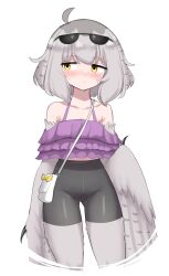 Rule 34 | 1girl, ahoge, bag, bare shoulders, bike shorts, bird legs, blush, commentary, crop top, english commentary, eyewear on head, feathered wings, frilled shirt, frills, grey feathers, grey hair, grey wings, handbag, harpy, high-waist shorts, highres, medium hair, mono (sifserf), monster girl, original, owl girl, purple tank top, shirt, shorts, sifserf, simple background, solo, sunglasses, tank top, white background, winged arms, wings, yellow eyes