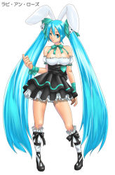 Rule 34 | 1girl, animal ears, aqua eyes, aqua hair, bare shoulders, breasts, cleavage, contrapposto, cosplay, cube hair ornament, di gi charat, dice, dress, hair ornament, hair ribbon, hatsune miku, judge martin, large breasts, long hair, pigeon-toed, rabbit ears, ribbon, simple background, solo, standing, twintails, usada hikaru, usada hikaru (cosplay), very long hair, vocaloid, white background, wrist ribbon