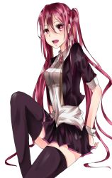 Rule 34 | 1girl, alternate color, hatsune miku, hoshino kisora, ippou tsuukou (vocaloid), long hair, open mouth, pink eyes, pink hair, simple background, sitting, skirt, solo, thighhighs, twintails, very long hair, vocaloid, white background, wrist cuffs