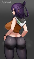 Rule 34 | 1girl, absurdres, ao no kiseki, ass, black background, bracelet, breasts, crop top, curvy, eiyuu densetsu, falcom, from behind, good ass day, half updo, highres, huge ass, jewelry, large breasts, looking back, purple eyes, purple hair, rixia mao, sidelocks, simple background, smile, solo, standing, stormowl0, twitter username, wide hips, zero no kiseki