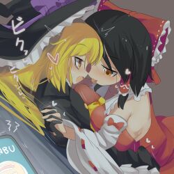 Rule 34 | 1boy, 1girl, after kiss, alice margatroid, ascot, black coat, black gloves, black hair, black hat, blonde hair, blush, bow, braid, breast press, breasts, brown background, bulge, buttons, cellphone, coat, commentary request, cookie (touhou), cowboy shot, crossdressing, detached sleeves, erection, erection under clothes, fang, frilled bow, frilled hair tubes, frills, genderswap, genderswap (ftm), gloves, hair bow, hair tubes, hakurei reimu, hat, hetero, highres, implied netorare, incoming call, kirisame marisa, large breasts, lets0020, long hair, looking at another, medium bangs, open mouth, phone, purple bow, red bow, red shirt, red skirt, rei (cookie), revision, ribbon-trimmed sleeves, ribbon trim, sakuranbou (cookie), sananana (cookie), shirt, short hair, single braid, skirt, skirt set, sleeve bow, sleeveless, sleeveless shirt, smartphone, touhou, trap, white sleeves, wide sleeves, witch hat, yellow ascot, yellow eyes