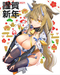 Rule 34 | 1girl, 2021, animal ears, animal print, bare shoulders, bell, black thighhighs, blush, boots, breasts, bridal gauntlets, cleavage, cow ears, cow horns, cow print, cowbell, detached sleeves, high heel boots, high heels, highres, horns, large breasts, light brown hair, long hair, looking at viewer, original, pupps, short sleeves, smile, thighhighs, very long hair, yellow eyes