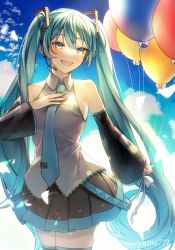 Rule 34 | 1girl, :d, aryuma772, balloon, black skirt, black sleeves, blue eyes, blue hair, blue necktie, blue skirt, blush, bow, breasts, collared shirt, cowboy shot, detached sleeves, grey shirt, hair between eyes, hair ornament, hatsune miku, headphones, headset, highres, holding, long hair, long sleeves, miniskirt, necktie, open mouth, pleated skirt, shirt, sideboob, skirt, sleeveless, sleeveless shirt, small breasts, smile, solo, standing, thighhighs, twintails, twitter username, two-tone skirt, very long hair, vocaloid, watermark, white bow, wing collar, zettai ryouiki