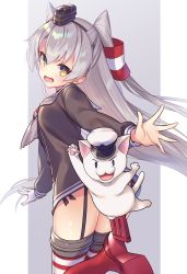 Rule 34 | 1girl, admiral (kancolle), amatsukaze (kancolle), animal, black panties, blush, breasts, brown dress, cat, dress, garter straps, gloves, hat, highres, kantai collection, long hair, long sleeves, non-human admiral (kancolle), open mouth, panties, red thighhighs, sailor collar, sailor dress, side-tie panties, silver hair, simple background, single glove, small breasts, tahya, thighhighs, two side up, underwear, white gloves, yellow eyes