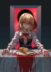 Rule 34 | 1girl, a-xii, black dress, blonde hair, bread, cup, dress, drinking glass, fine art parody, food, hair ornament, highres, outstretched arms, parody, red eyes, red wine, rumia, sad, shirt, short hair, solo, spill, touhou, white shirt, wine glass