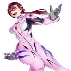 Rule 34 | 00s, 1girl, bodysuit, brown hair, evangelion: 2.0 you can (not) advance, glasses, hair ornament, hairclip, highres, long hair, makinami mari illustrious, neon genesis evangelion, onsoku inu, open mouth, plugsuit, rebuild of evangelion, red-framed eyewear, simple background, smile, solo, twintails, white background
