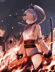 Rule 34 | 1girl, black ribbon, breasts, closed mouth, commentary request, destruction, detached sleeves, fate/grand order, fate (series), fire, flaming eye, gloves, hair ribbon, high ponytail, hip vent, holding, holding sheath, holding sword, holding weapon, horns, japanese clothes, katana, kimono, long hair, long sleeves, looking away, medium breasts, nekoya (liu), no bra, obi, oni, oni horns, outdoors, ponytail, profile, puffy long sleeves, puffy sleeves, red eyes, red gloves, revealing clothes, ribbon, sash, sheath, sideboob, signature, silver hair, sleeveless, sleeveless kimono, solo, sword, tomoe gozen (fate), unsheathed, weapon, white kimono, white sleeves