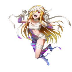 Rule 34 | 1girl, bandage over one eye, bandaged hand, bandaged leg, bandages, bandages around chest, bare shoulders, barefoot, blonde hair, blood, blood on arm, blood on leg, bloody bandages, collarbone, evileye (overlord), fangs, hair over one eye, long hair, looking at viewer, mummy costume, navel, no bra, no panties, nude, official art, one eye covered, overlord (maruyama), red eyes, smile, solo, topless, transparent background, ultraviolet light, vampire