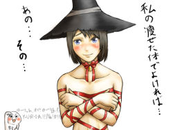 Rule 34 | 1girl, bell, black hair, blue eyes, blush, christmas, crossed arms, demon&#039;s souls, eshi (solokov), female focus, from software, hat, red ribbon, ribbon, short hair, solo, translation request, white background, witch, witch hat, yuria the witch