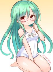 Rule 34 | 1girl, athena (p&amp;d), bad id, bad pixiv id, bare legs, between legs, blush, bracelet, clenched hand, glasses, hand between legs, jewelry, long hair, looking at viewer, mashiro miru, one-piece swimsuit, puzzle &amp; dragons, red-framed eyewear, red eyes, school swimsuit, seiza, sitting, solo, swimsuit, tight clothes, twitter username, white school swimsuit, white one-piece swimsuit