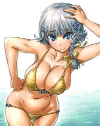 Rule 34 | 1girl, amania orz, bare shoulders, bikini, blue eyes, blush, braid, breasts, cleavage, gradient background, hair ornament, hair ribbon, hairclip, hand on own head, hand on own hip, large breasts, looking at viewer, navel, ribbon, seolla schweizer, short hair, side braid, silver hair, skindentation, smile, solo, super robot wars, swimsuit, thighs, water, wide hips