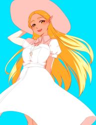 Rule 34 | 1girl, :d, arm behind back, arm up, bad id, bad twitter id, blonde hair, blue background, blush, breasts, collared dress, dress, feet out of frame, green eyes, hand on headwear, hat, highres, long hair, looking at viewer, medium breasts, nintendo, open mouth, parted bangs, pointy ears, princess zelda, saiba (henrietta), short sleeves, simple background, smile, solo, standing, straight hair, sun hat, teeth, the legend of zelda, the legend of zelda: breath of the wild, upper teeth only, very long hair, white dress, white hat