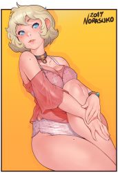Rule 34 | 1girl, blonde hair, blue eyes, borrowed character, bra, bracelet, breasts, cleavage, collar, commentary, commission, detached sleeves, freckles, highres, jewelry, large breasts, leg up, making-of available, mole, mole under eye, norasuko, original, panties, pinup (style), polka dot, polka dot bra, polka dot panties, see-through, short hair, solo, thighs, underwear