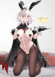 Rule 34 | 1girl, ahoge, alcohol, animal ears, bare shoulders, black footwear, black gloves, blush, bow, bowtie, breasts, brown pantyhose, champagne, closed mouth, commentary request, covered erect nipples, cup, detached collar, drinking glass, fake animal ears, fake tail, fate/grand order, fate (series), gloves, heart pasties, high heels, highres, holding, holding tray, jeanne d&#039;arc (fate), jeanne d&#039;arc alter (avenger) (fate), jeanne d&#039;arc alter (fate), kneeling, large breasts, leotard, long hair, looking at viewer, maebari, meme attire, narrow waist, navel, pantyhose, pasties, playboy bunny, prime, rabbit ears, rabbit tail, revealing clothes, reverse bunnysuit, reverse outfit, silver hair, solo, tail, tray, wrist cuffs, yellow eyes