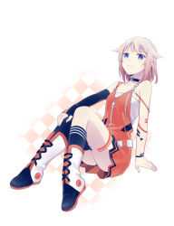 Rule 34 | 1girl, arm support, asymmetrical legwear, bad id, bad pixiv id, black sleeves, black thighhighs, blue eyes, boots, brown hair, checkered background, choker, collarbone, detached sleeves, dress, full body, gradient hair, hisaki1118, long sleeves, looking at viewer, multicolored hair, off shoulder, one (cevio), orange dress, pleated dress, short dress, short hair, silver hair, sitting, sleeveless, sleeveless dress, smile, solo, thighhighs, two-tone hair, uneven legwear, vocaloid