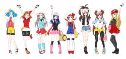 Rule 34 | 00s, 10s, 1990s (style), 6+girls, adjusting hair, akanbe, aqua eyes, aqua legwear, arm behind back, arm behind head, arm up, armpits, arms behind head, arms up, bag, bandana, baseball cap, beanie, bike shorts, black hair, black legwear, blonde hair, blue eyes, blue hair, blush, boots, bracelet, breast envy, breasts, brown eyes, brown hair, cabbie hat, closed eyes, creatures (company), cropped jacket, dawn (pokemon), double bun, eyelid pull, fanny pack, female focus, full body, game freak, gloves, goggles, goggles on headwear, green (pokemon), grey eyes, hair bun, hair ornament, tucking hair, handbag, hands on own hips, hat, highres, hilda (pokemon), holding, holding another&#039;s arm, holding bag, holding poke ball, jacket, jewelry, kris (pokemon), leg up, lineup, long hair, long sleeves, looking at another, looking at viewer, looking to the side, lyra (pokemon), may (pokemon), mouth hold, multiple girls, neron (neron88), nintendo, one eye closed, open mouth, overalls, pantyhose, poke ball, pokemon, pokemon bw, pokemon bw2, pokemon dppt, pokemon frlg, pokemon gsc, pokemon hgss, pokemon rse, pokemon xy, poketch, ponytail, retro artstyle, rosa (pokemon), rubber band, scarf, serena (pokemon), shirt, shoes, short sleeves, shorts, shoulder bag, silver hair, simple background, skirt, sleeveless, sleeveless shirt, smile, sneakers, socks, standing, standing on one leg, tank top, thighhighs, tongue, tongue out, twintails, tying hair, vest, visor cap, watch, white background, white legwear, wink, wristband, wristwatch