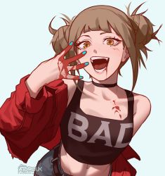 Rule 34 | 1girl, absurdres, aqua background, aqua nails, atoroux, belly, belt, black shirt, blonde hair, blood, blood on face, blood on hands, blood splatter, blue background, blush, boku no hero academia, breasts, choker, cleavage, collarbone, denim, fang, fangs, highres, jacket, jacket partially removed, jeans, leaning forward, looking at viewer, medium breasts, midriff, midriff peek, nail polish, navel, open mouth, pants, shirt, simple background, slit pupils, solo, teeth, toga himiko, yellow eyes