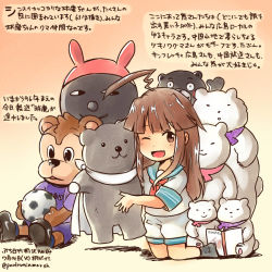 Rule 34 | 10s, 1girl, ahoge, brown eyes, brown hair, commentary request, dated, doll, holding, holding doll, holding stuffed toy, kantai collection, kirisawa juuzou, kuma (kancolle), kumamon, long hair, neckerchief, one eye closed, red neckerchief, sailor collar, school uniform, serafuku, short sleeves, shorts, solo, stuffed toy, traditional media, translation request, twitter username, white shorts