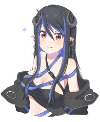 Rule 34 | 1girl, bandeau, belt, black bandeau, black belt, black hair, black jacket, blue belt, blue hair, blush, breasts, brown eyes, chest belt, closed mouth, collarbone, commentary request, curled horns, demon girl, demon horns, grey horns, hair between eyes, heart, hebiyoi tier, hebiyoi tier (1st costume), highres, horns, ikacho ( ika cho), jacket, large breasts, long hair, long sleeves, looking at viewer, mole, mole on collarbone, multicolored hair, nanashi inc., off shoulder, open clothes, open jacket, pointy ears, sidelocks, simple background, smile, solo, sugar lyric, two-tone hair, upper body, virtual youtuber, white background