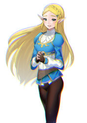 Rule 34 | 1girl, ameno (a meno0), blonde hair, breasts, fingerless gloves, gloves, green eyes, long hair, looking at viewer, nintendo, open mouth, pantyhose, pointy ears, princess zelda, small breasts, smile, solo, the legend of zelda, the legend of zelda: breath of the wild, very long hair, white background