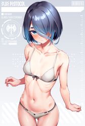 Rule 34 | 1girl, blue eyes, blue hair, blue protocol, blush, breasts, closed mouth, collarbone, commentary request, dosu (doseven), gluteal fold, gradient hair, grey background, hair over one eye, highres, looking at viewer, medium breasts, multicolored hair, navel, protagonist (blue protocol), ribs, short hair, solo, sweatdrop, thighs