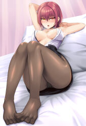 Rule 34 | 1girl, absurdres, armpits, bed, blush, breasts, cleavage, feet, heterochromia, highres, hololive, houshou marine, houshou marine (businesswoman), jewelry, knees up, large breasts, legs, necklace, no bra, no shoes, open clothes, open mouth, open shirt, pantyhose, pillow, red eyes, red hair, roomurariyuu, short hair, skirt, solo, spread toes, steaming body, toenails, toes, virtual youtuber, yellow eyes